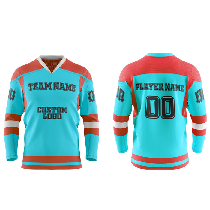 Blue and red hockey jersey with customizable text on a white background