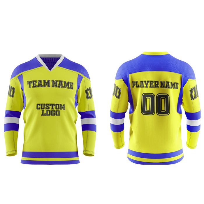 Yellow and blue hockey jersey with customizable text on a white background