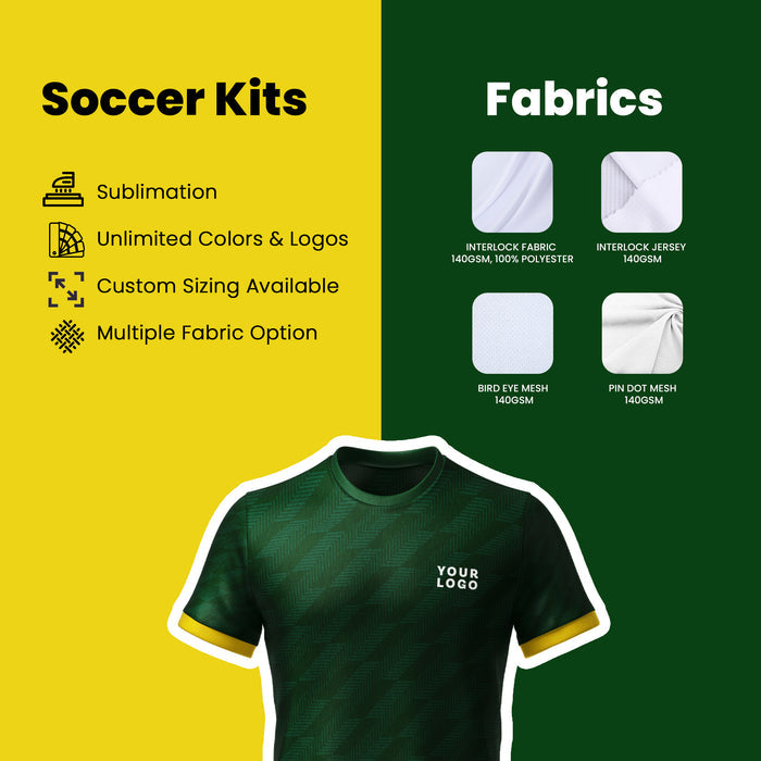Soccer kit customization options with a green shirt on a yellow and green background.