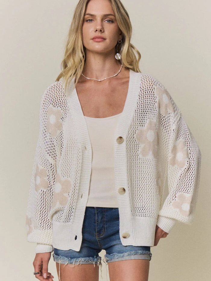 Daisy Flower Crochet Cardigan in Ivory