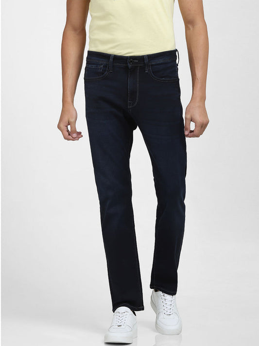 Dark Blue Mid Rise Faded Straight Fit Jeans