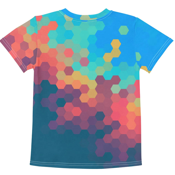 Day Break Kid's Tee - The tessellated hexagonal gradient shifting from azure sky blue (#33A1DE) to deep twilight indigo (#34495E), recalling the clean "Material Design" wallpapers of early smartphone operating systems.