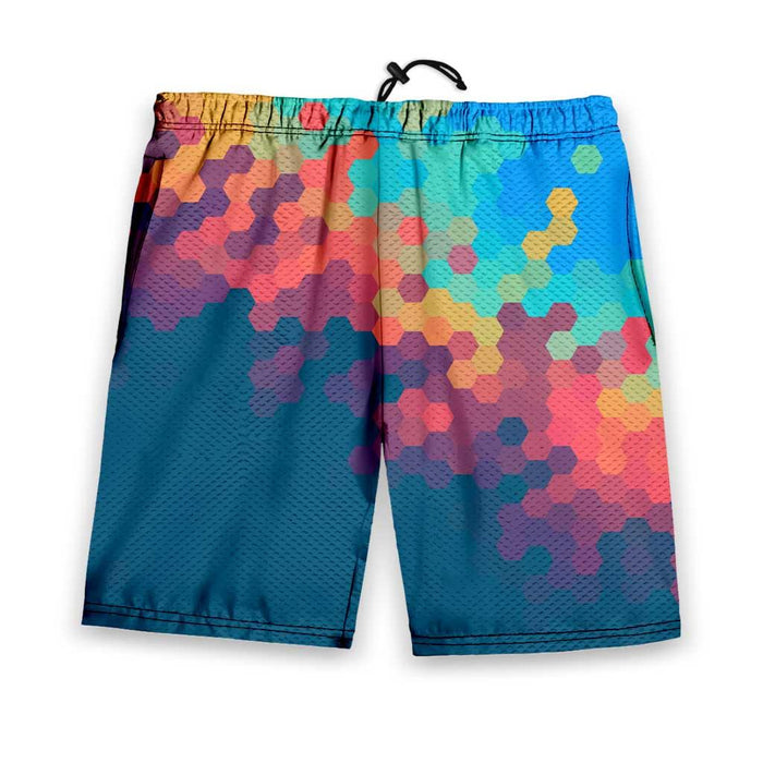 Day Break Men's Gym Shorts - The diagonal ombre transition from electric cyan (#00BCD4) to sunset coral (#FF8C69) within the specific interlocking hexagonal grid structure