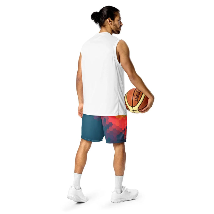 Day Break Men's Gym Shorts in Geometric Sunrise Cyan. OEKO-TEX® 100, REACH Compliant, Zero-Wastewater Printing.