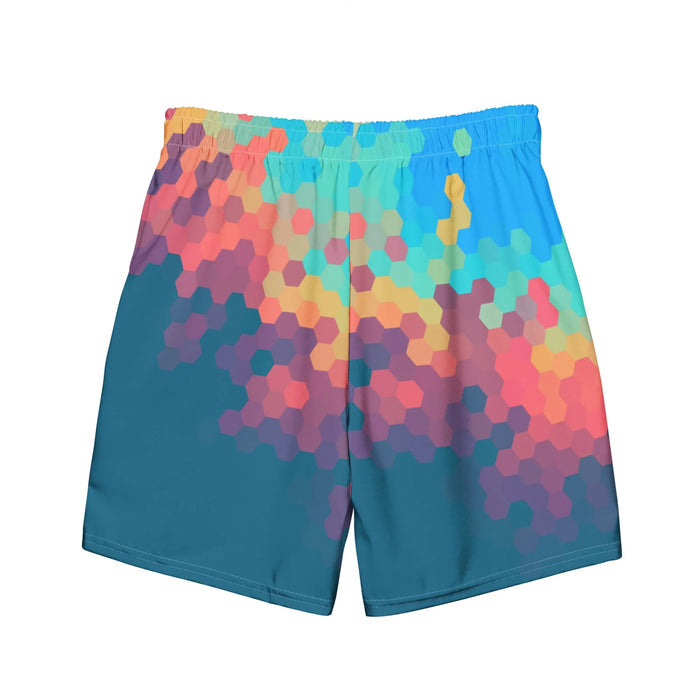 Day Break Men's Swim Shorts - The specific cascading gradient of hexagonal tiles shifting from electric cyan (#00BFFF) to warm marigold (#FFC65C) against a deep teal void (#1E5F74).