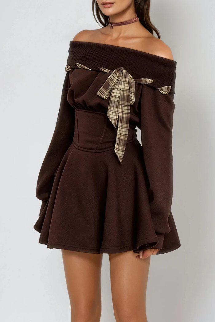 Derrick Off Shoulder Asymmetric Mini Dress In Brown