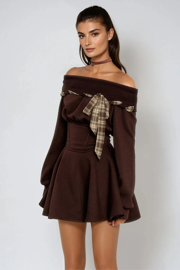 Derrick Off Shoulder Asymmetric Mini Dress In Brown