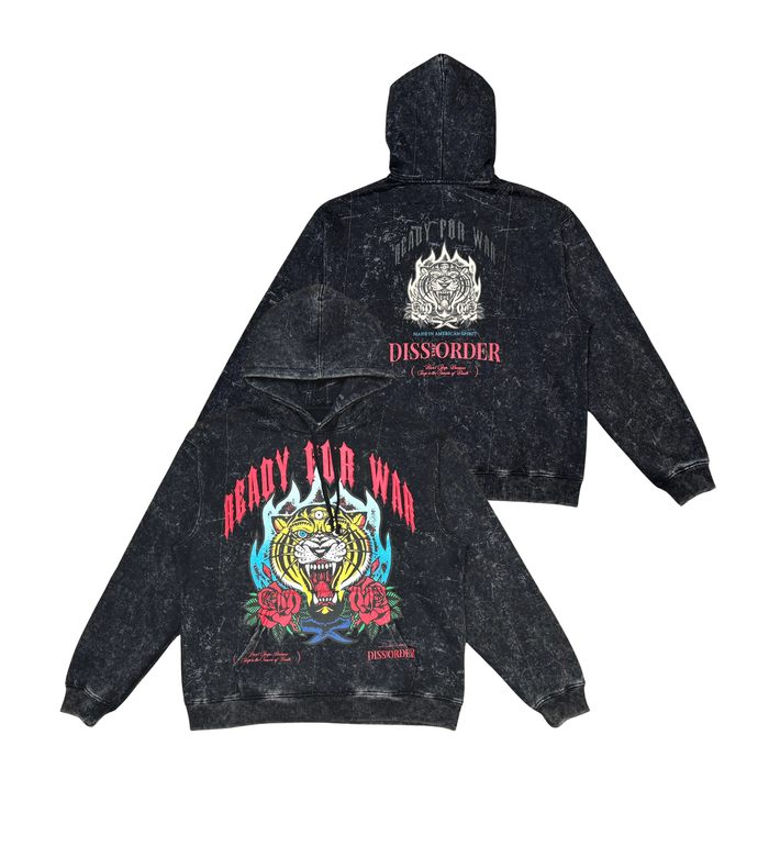 Black DISSORDER 'Ready For War' zip-up hoodie with front pockets and graphic design, casual streetwear style.