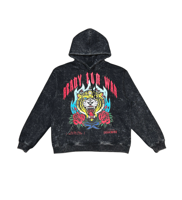 Black DISSORDER 'Ready For War' zip-up hoodie with front logo design, casual streetwear style, shown on a plain background.