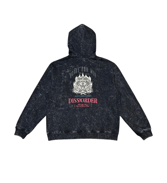 Black DISSORDER 'Ready For War' zip-up hoodie with front pockets and graphic print, casual streetwear style.