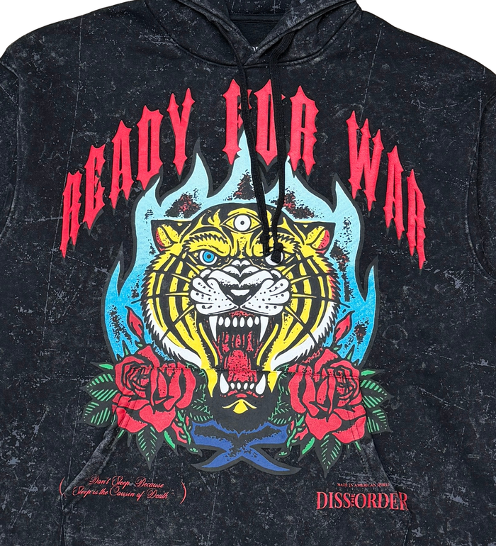 Black DISSORDER 'Ready For War' zip-up hoodie with front zipper and graphic design, casual streetwear style.
