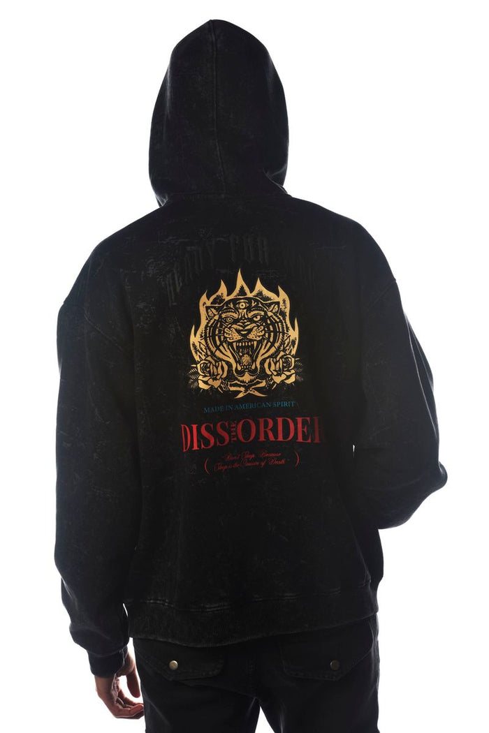 Black DISSORDER 'Ready For War' zip-up hoodie with front pockets and graphic print, casual streetwear style.