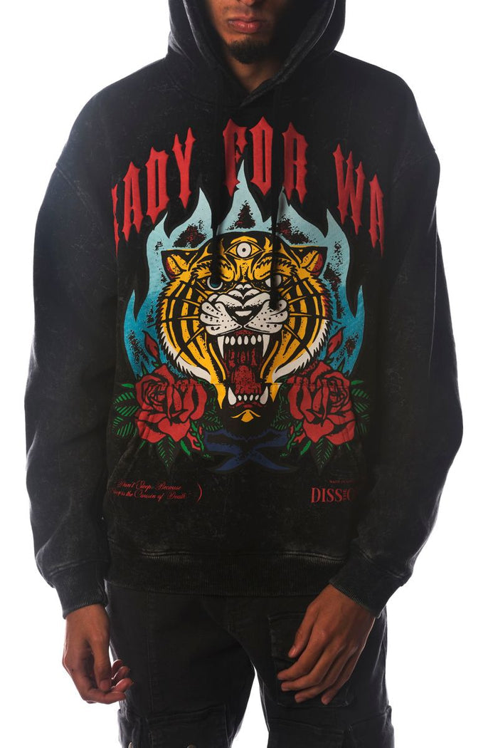 Black DISSORDER 'Ready For War' zip-up hoodie with front pockets and graphic print, casual streetwear sweatshirt.