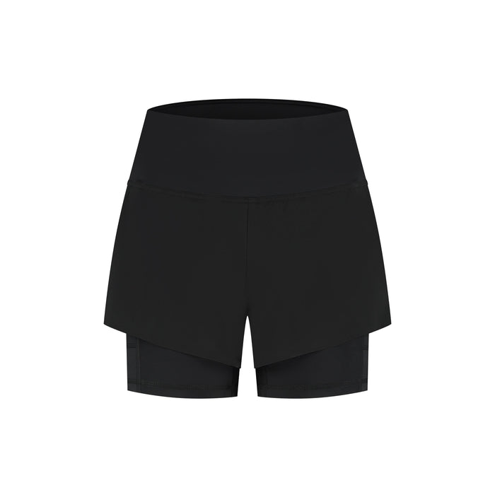 Rogelli Distance 2-in-1 korte hardloopbroek dames zwart voorkant.