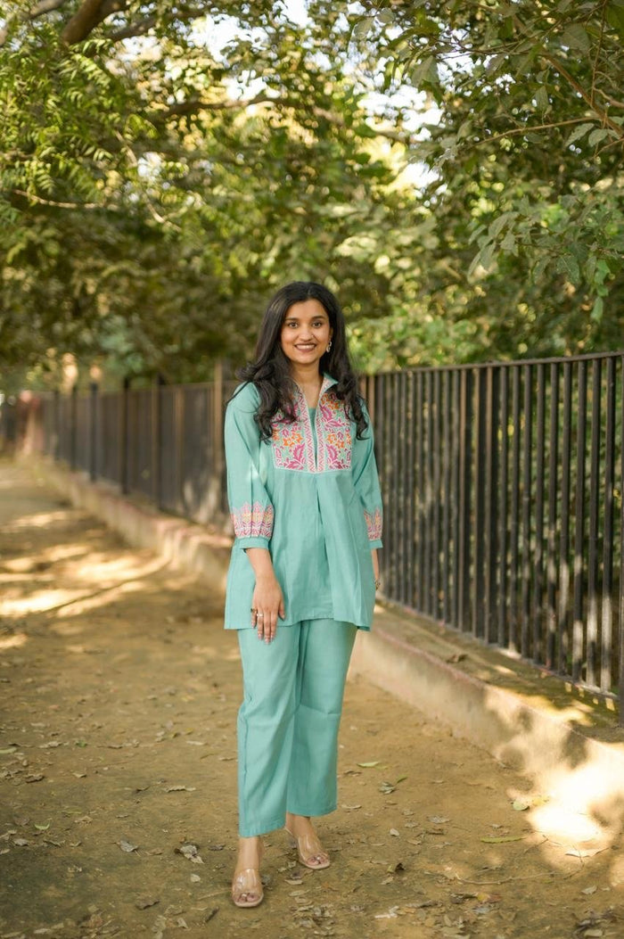 Divi Embroidered Coord Set- Green