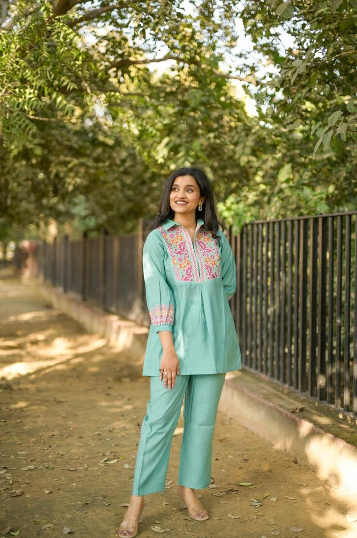 Divi Embroidered Coord Set- Green