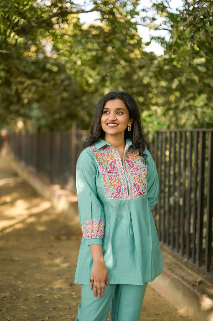 Divi Embroidered Coord Set- Green