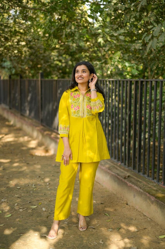 Divi Embroidered Coord Set- Yellow