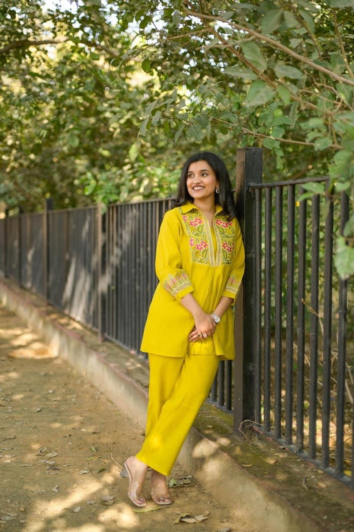 Divi Embroidered Coord Set- Yellow