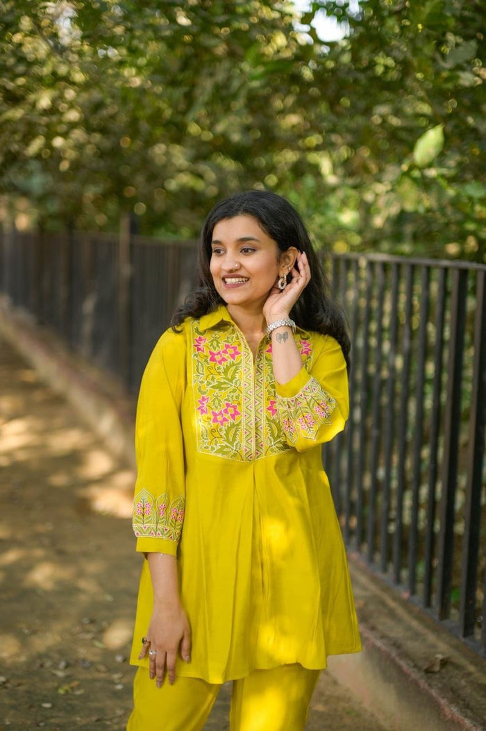 Divi Embroidered Coord Set- Yellow