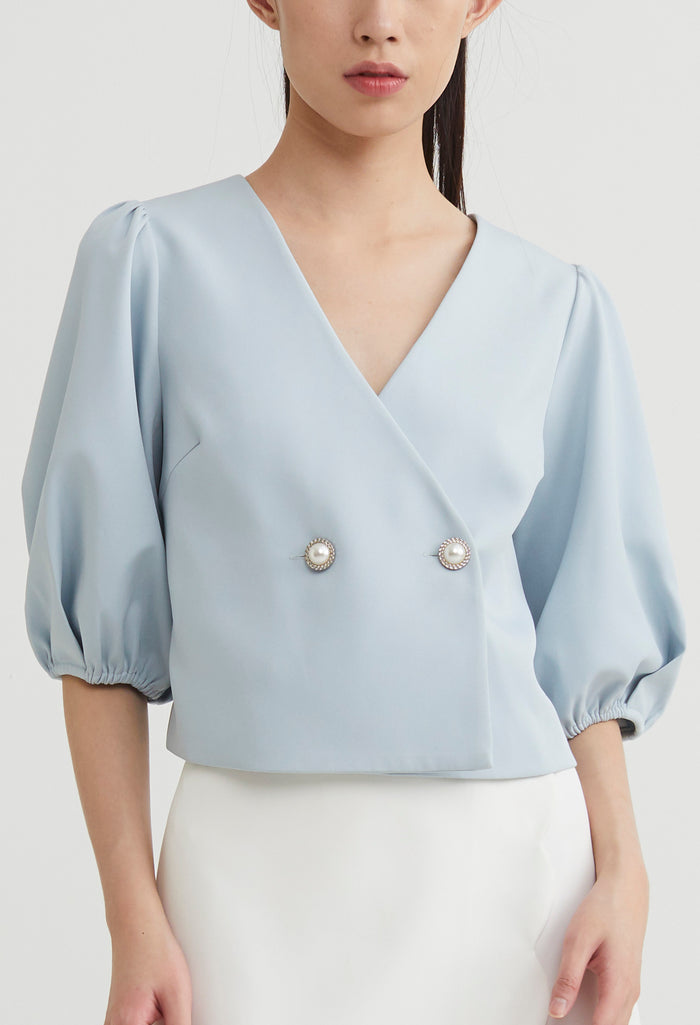 Double Breasted Balloon Sleeve Blouse
