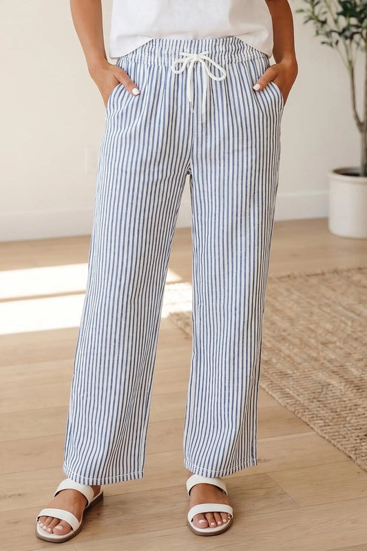 Drawstring Elastic Waist Ankle Length Shift Pants – Blue Stripe