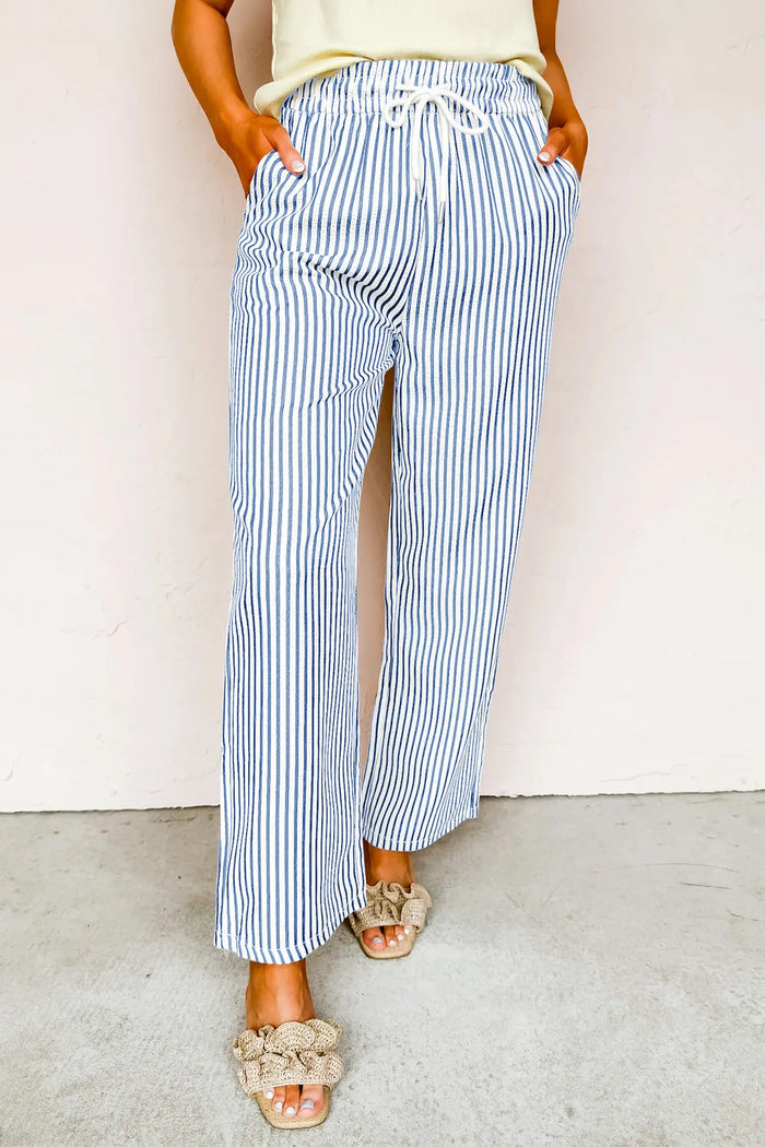 Drawstring Elastic Waist Ankle Length Shift Pants – Blue Stripe