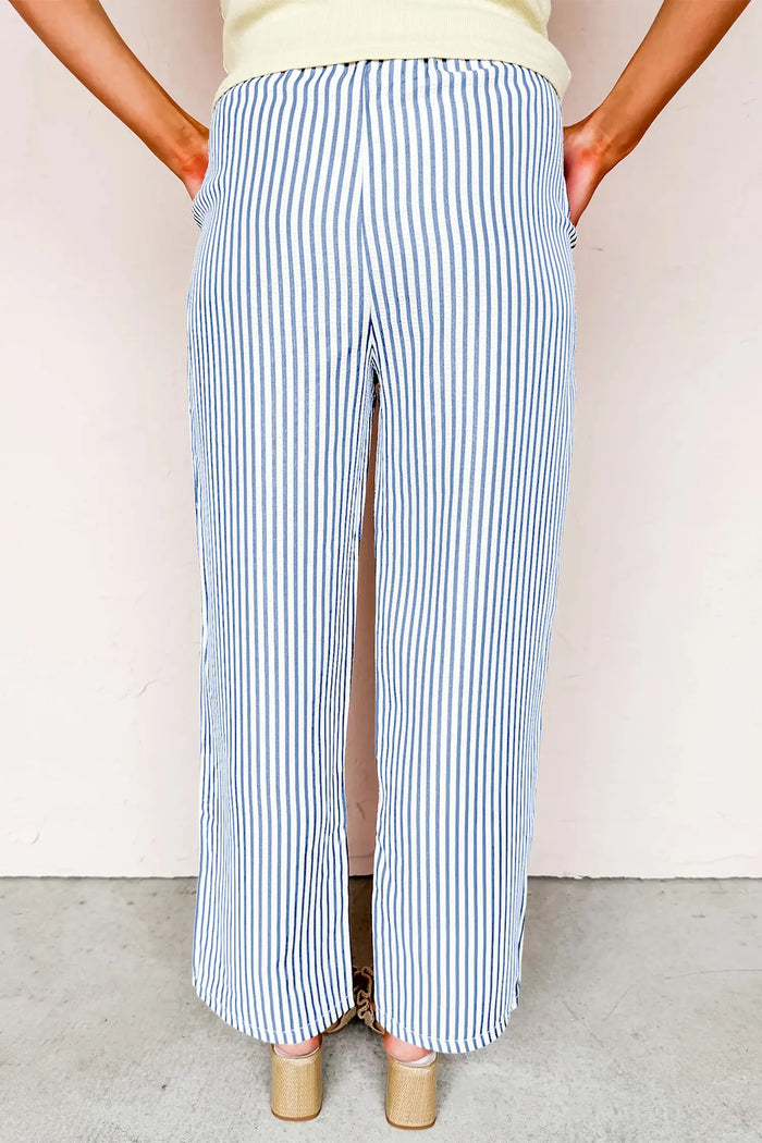 Drawstring Elastic Waist Ankle Length Shift Pants – Blue Stripe