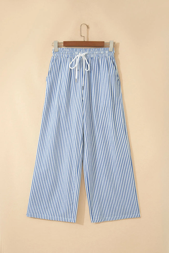 Drawstring Elastic Waist Ankle Length Shift Pants – Blue Stripe