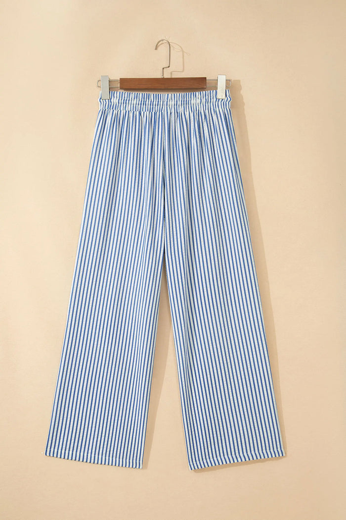 Drawstring Elastic Waist Ankle Length Shift Pants – Blue Stripe