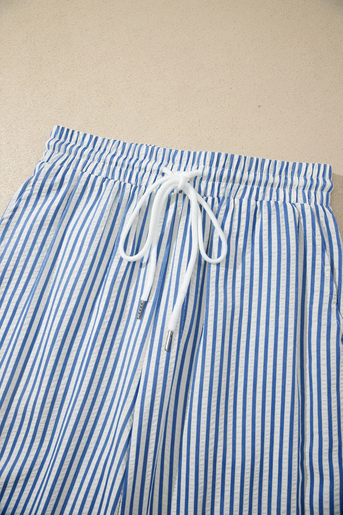 Drawstring Elastic Waist Ankle Length Shift Pants – Blue Stripe