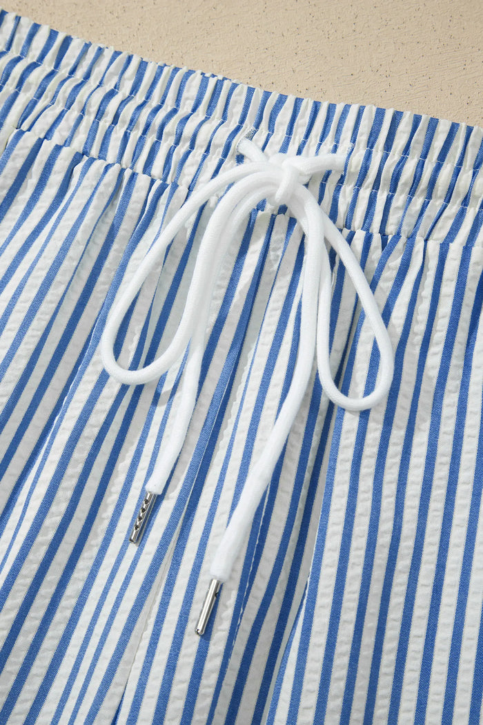 Drawstring Elastic Waist Ankle Length Shift Pants – Blue Stripe