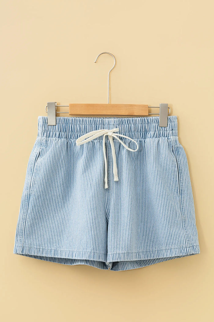 Drawstring Elastic Waist Casual Denim Shorts – Sky Blue Stripe