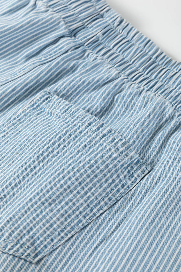 Drawstring Elastic Waist Casual Denim Shorts – Sky Blue Stripe