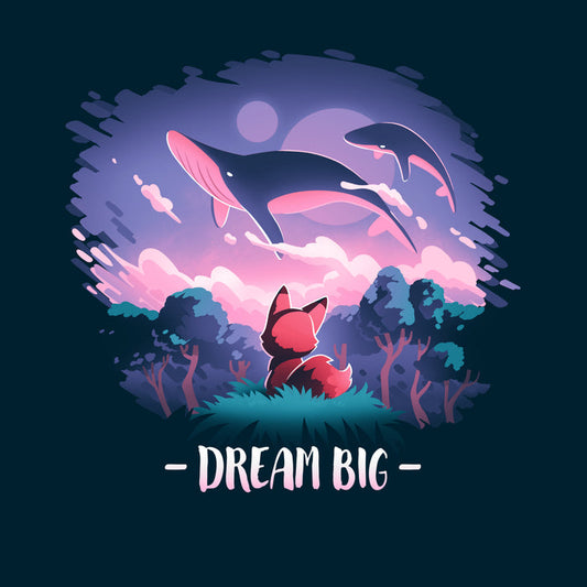 Premium Cotton T-shirt_TeeTurtle navy blue Dream Big featuring an orange fox who gazes at magical whales flying in the night sky above a fantasy forest with the text "Dream Big" below.
