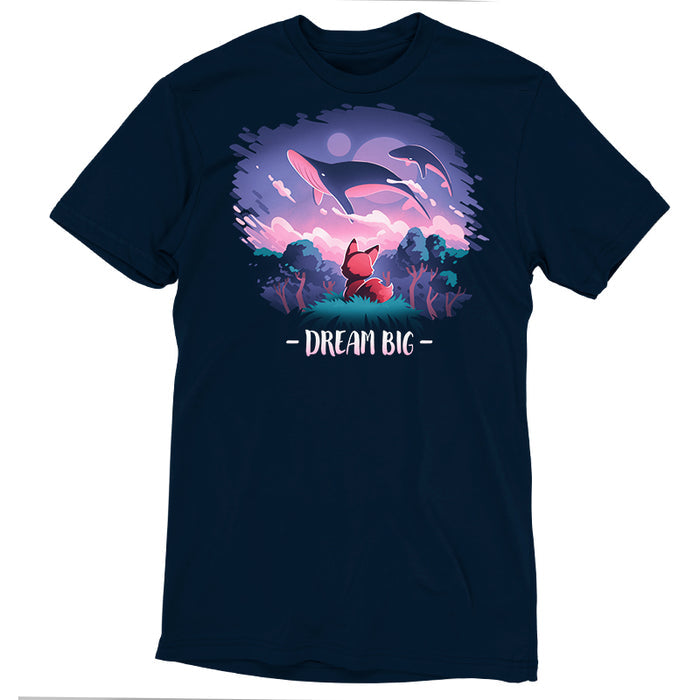 Premium Cotton T-shirt_TeeTurtle navy blue Dream Big featuring an orange fox who gazes at magical whales flying in the night sky above a fantasy forest with the text "Dream Big" below.