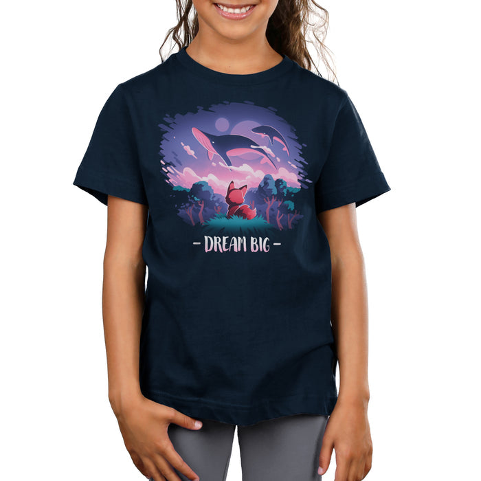 Premium Cotton T-shirt_TeeTurtle navy blue Dream Big featuring an orange fox who gazes at magical whales flying in the night sky above a fantasy forest with the text "Dream Big" below.