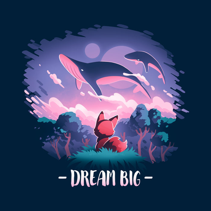 Classic Cotton T-shirt_TeeTurtle navy blue Dream Big featuring an orange fox who gazes at magical whales flying in the night sky above a fantasy forest with the text "Dream Big" below.