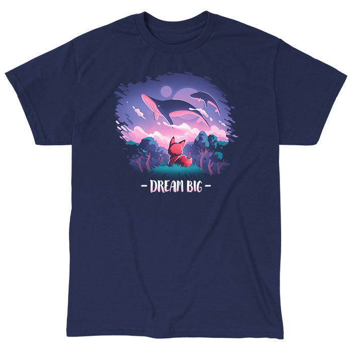 Classic Cotton T-shirt_TeeTurtle navy blue Dream Big featuring an orange fox who gazes at magical whales flying in the night sky above a fantasy forest with the text "Dream Big" below.