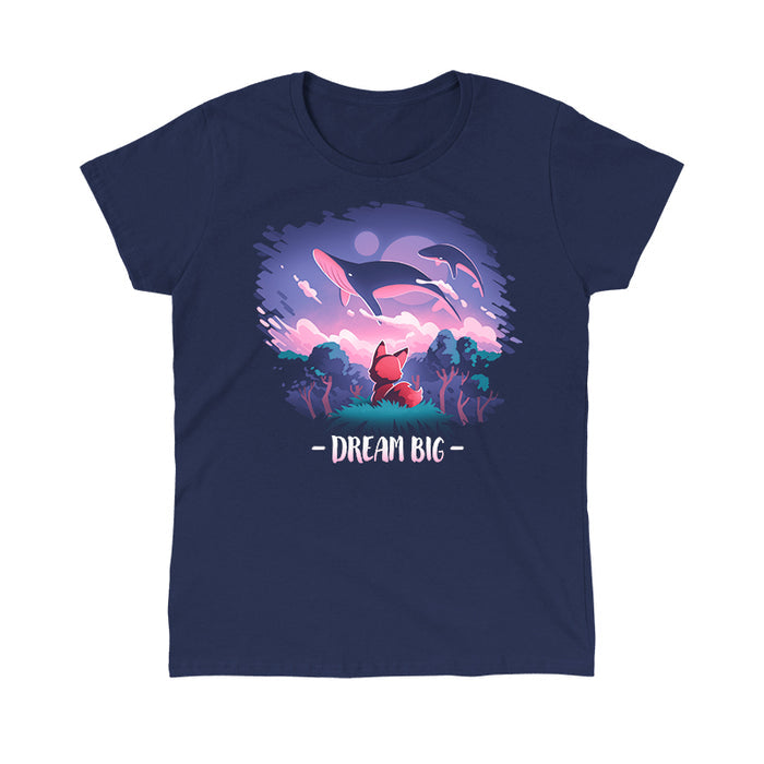 Classic Cotton T-shirt_TeeTurtle navy blue Dream Big featuring an orange fox who gazes at magical whales flying in the night sky above a fantasy forest with the text "Dream Big" below.