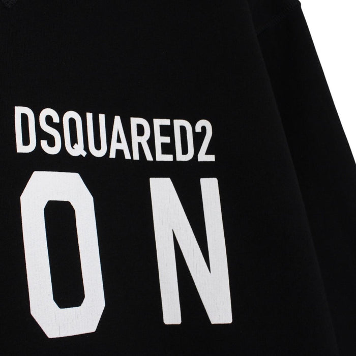 Dsquared2 black hoodie with white logo print and minor wear details.