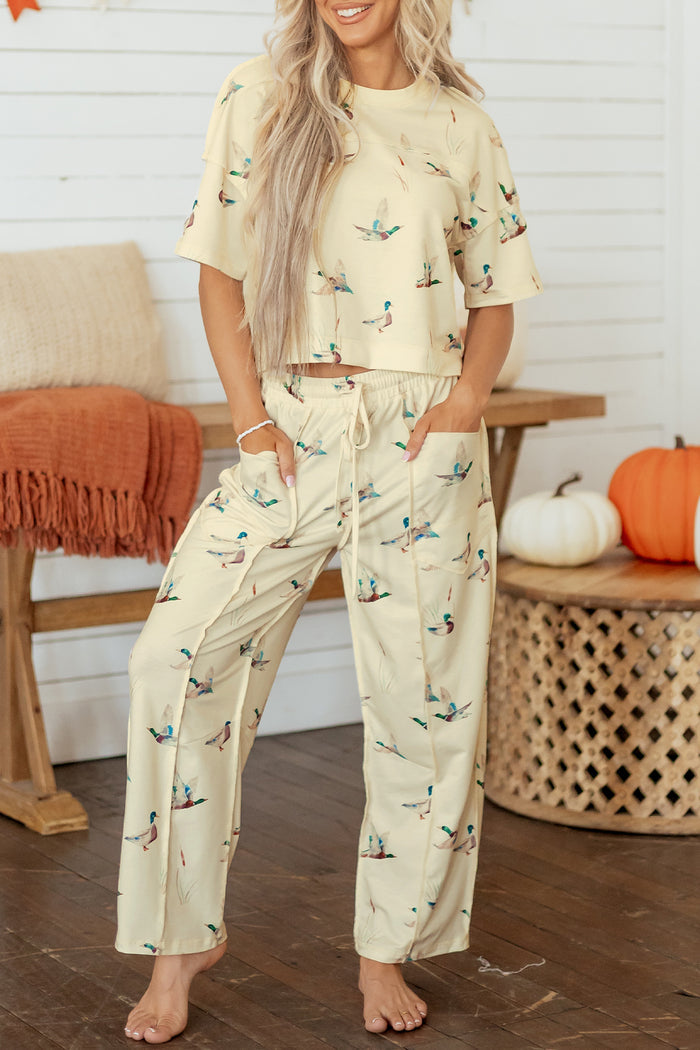 Duck Print Short Sleeve Top Pocket Pants 2pcs Casual Set – Beige