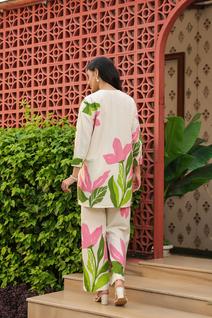 Elegant Blush Floral Printed Cotton Flex Co-ord Set