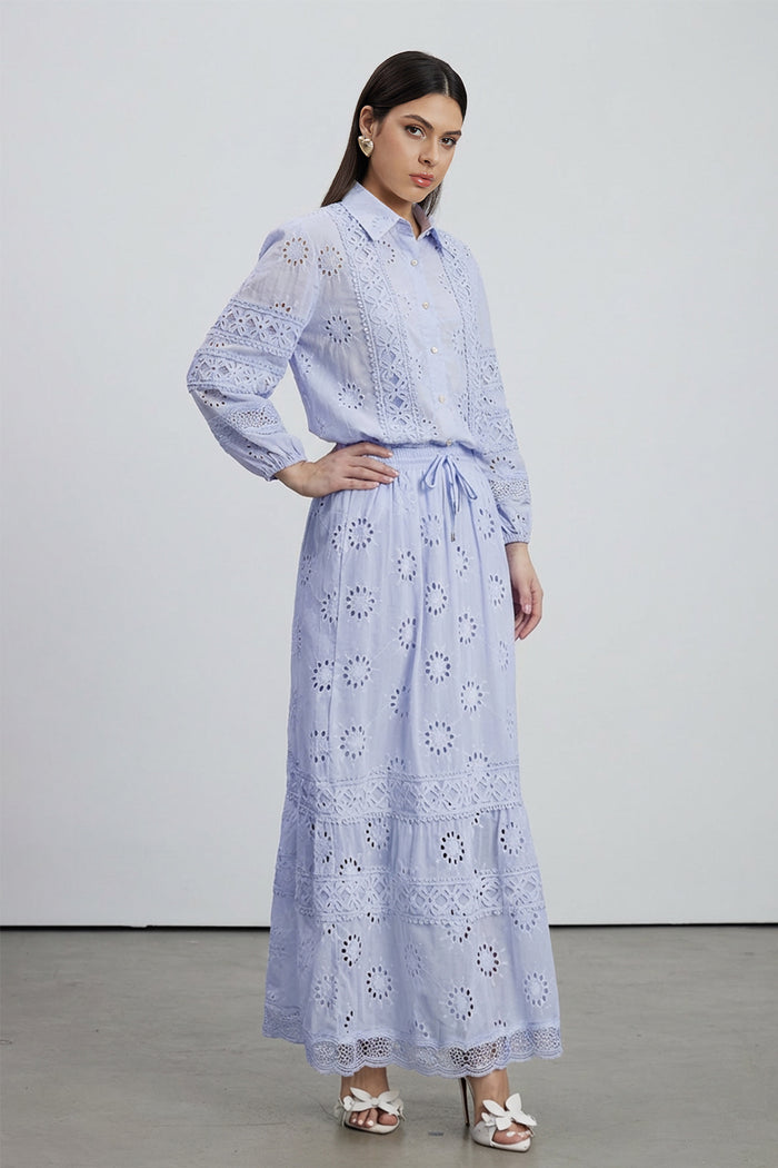 Eman Floral Cutout Skirt Set In Blue