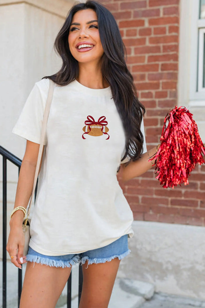 Embroidered Bow Rugby Graphic Casual T-Shirt – White