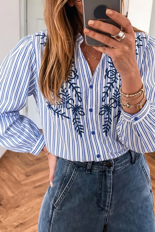 Embroidered Detail Button Front Long Sleeve Shirt – Blue Stripe