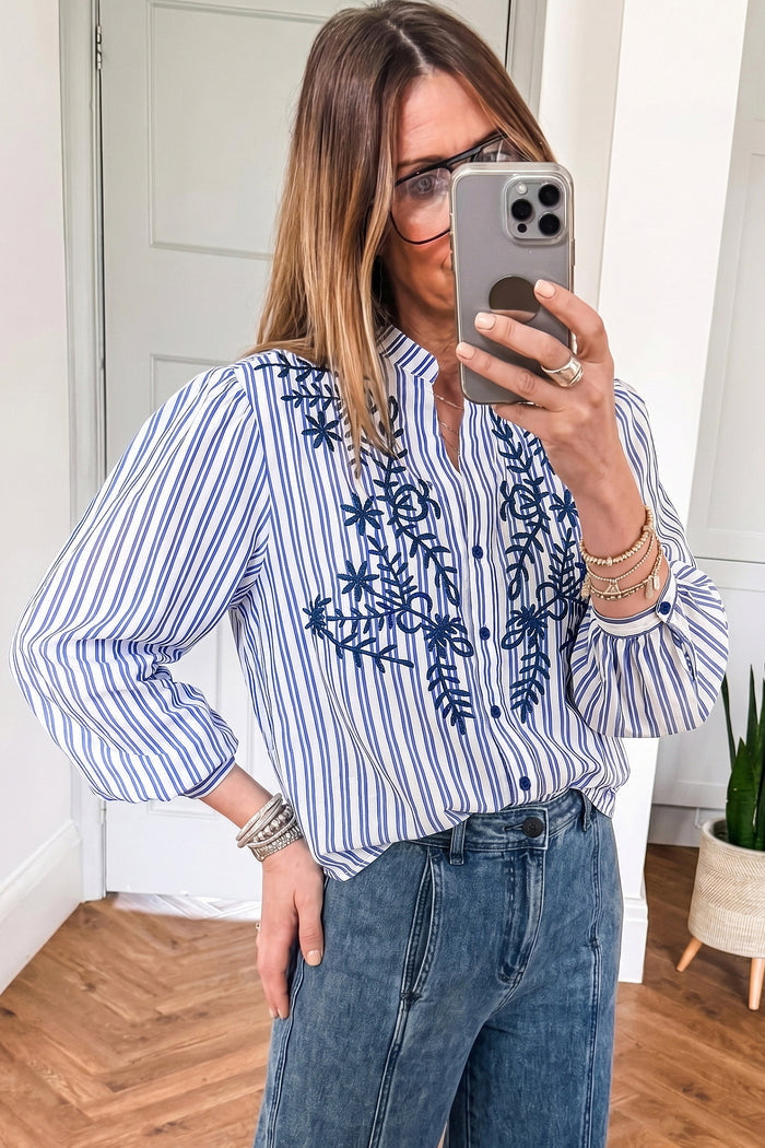 Embroidered Detail Button Front Long Sleeve Shirt – Blue Stripe