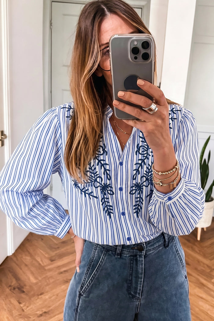 Embroidered Detail Button Front Long Sleeve Shirt – Blue Stripe
