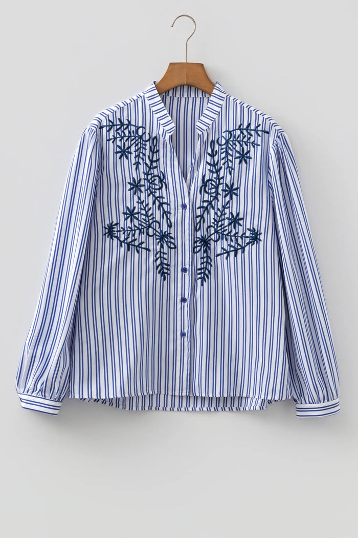 Embroidered Detail Button Front Long Sleeve Shirt – Blue Stripe