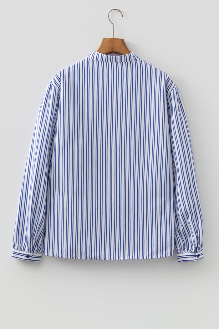 Embroidered Detail Button Front Long Sleeve Shirt – Blue Stripe